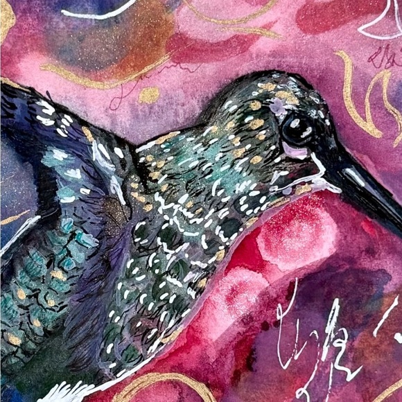 Original Art Humming Bird Watercolor / Mixed Media Painting Size 6”x8” Artwork - Picture 3 of 3